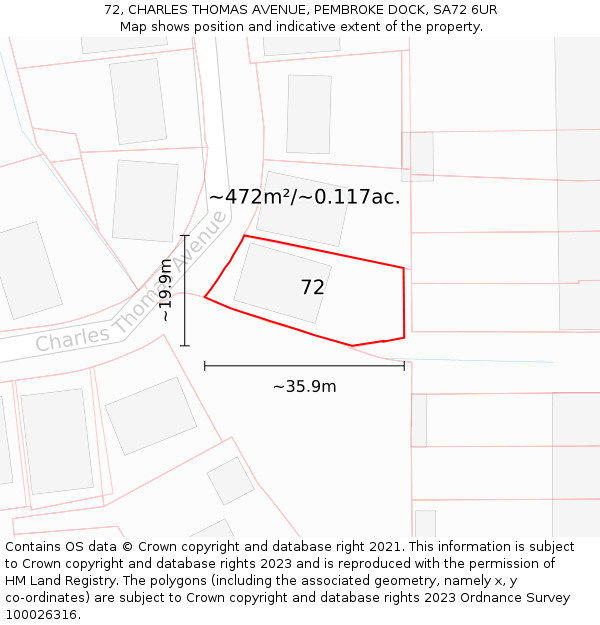 72, CHARLES THOMAS AVENUE, PEMBROKE DOCK, SA72 6UR: Plot and title map