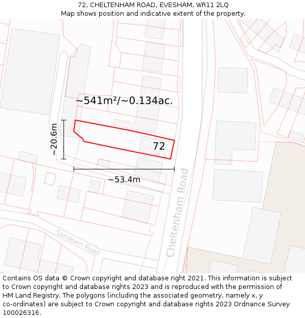 72, CHELTENHAM ROAD, EVESHAM, WR11 2LQ: Plot and title map