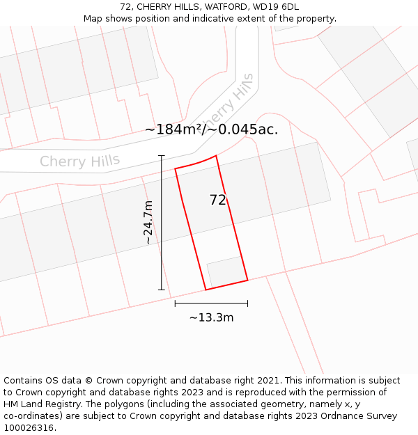 72, CHERRY HILLS, WATFORD, WD19 6DL: Plot and title map