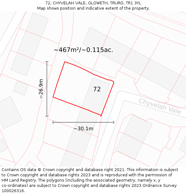 72, CHYVELAH VALE, GLOWETH, TRURO, TR1 3YL: Plot and title map