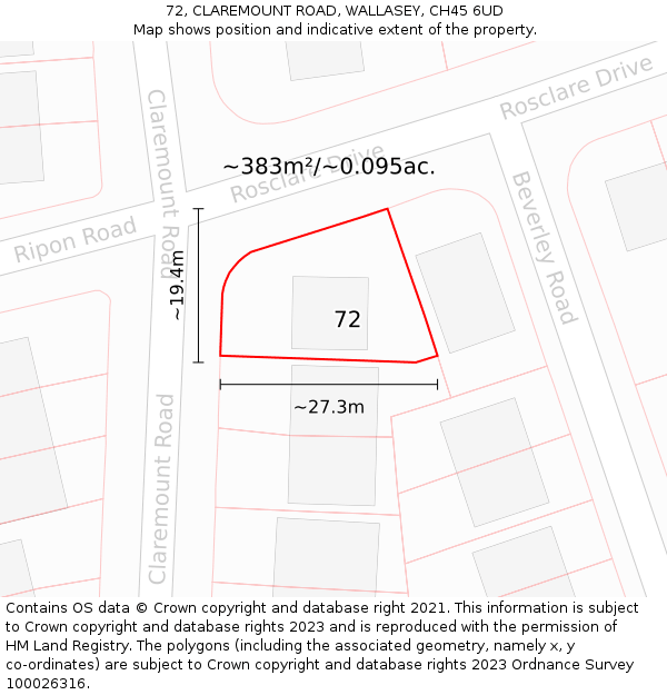 72, CLAREMOUNT ROAD, WALLASEY, CH45 6UD: Plot and title map