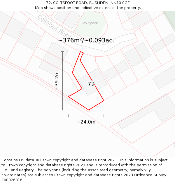 72, COLTSFOOT ROAD, RUSHDEN, NN10 0GE: Plot and title map