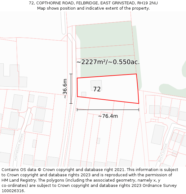 72, COPTHORNE ROAD, FELBRIDGE, EAST GRINSTEAD, RH19 2NU: Plot and title map