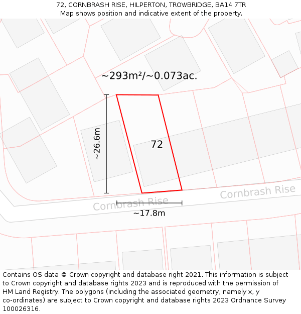 72, CORNBRASH RISE, HILPERTON, TROWBRIDGE, BA14 7TR: Plot and title map