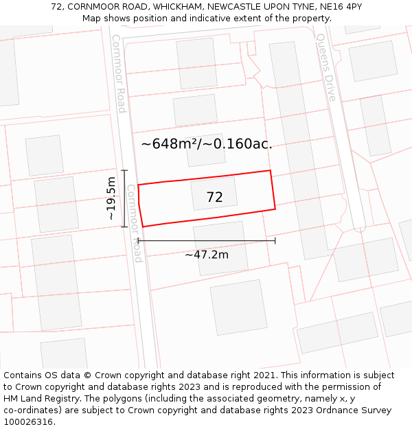72, CORNMOOR ROAD, WHICKHAM, NEWCASTLE UPON TYNE, NE16 4PY: Plot and title map
