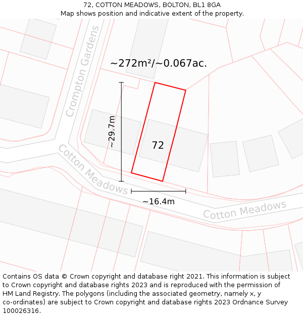 72, COTTON MEADOWS, BOLTON, BL1 8GA: Plot and title map