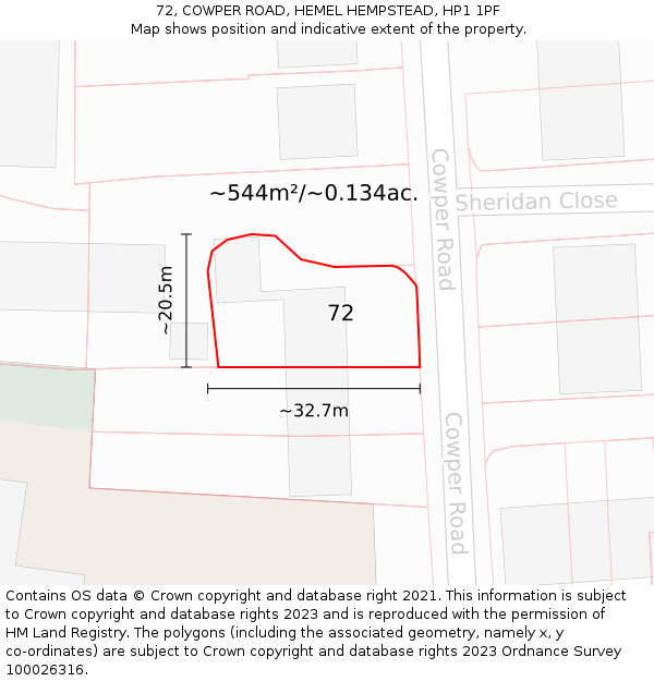 72, COWPER ROAD, HEMEL HEMPSTEAD, HP1 1PF: Plot and title map