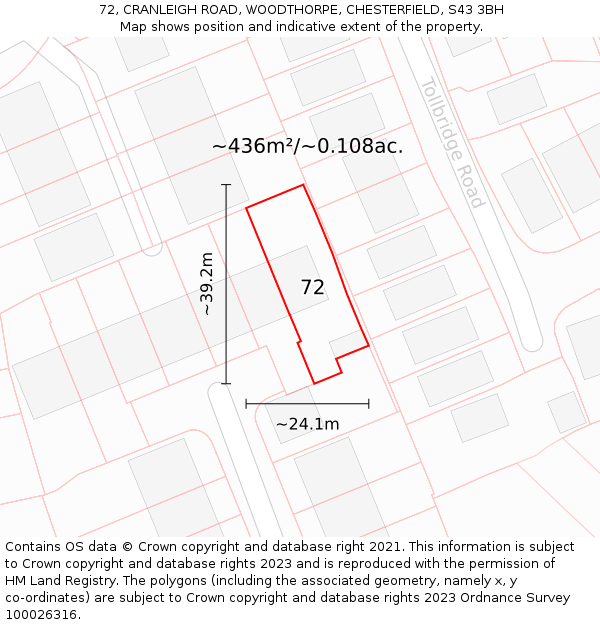 72, CRANLEIGH ROAD, WOODTHORPE, CHESTERFIELD, S43 3BH: Plot and title map