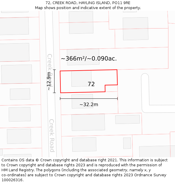 72, CREEK ROAD, HAYLING ISLAND, PO11 9RE: Plot and title map