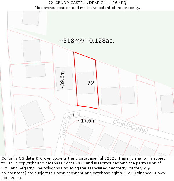 72, CRUD Y CASTELL, DENBIGH, LL16 4PQ: Plot and title map