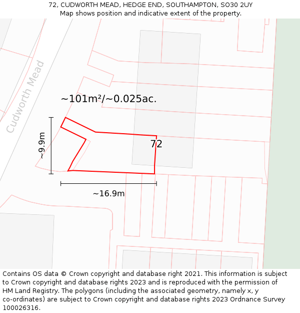 72, CUDWORTH MEAD, HEDGE END, SOUTHAMPTON, SO30 2UY: Plot and title map