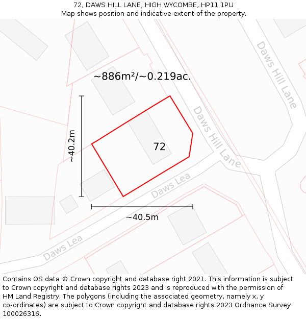 72, DAWS HILL LANE, HIGH WYCOMBE, HP11 1PU: Plot and title map