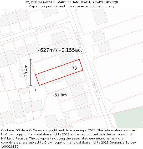 72, DEBEN AVENUE, MARTLESHAM HEATH, IPSWICH, IP5 3QR: Plot and title map