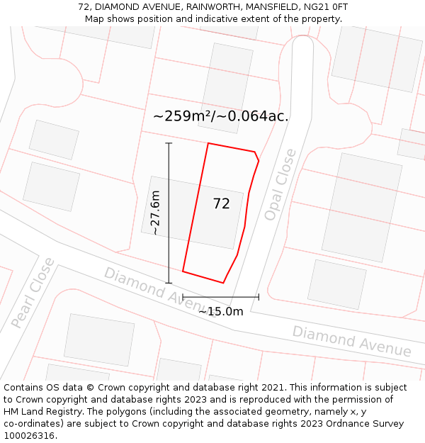 72, DIAMOND AVENUE, RAINWORTH, MANSFIELD, NG21 0FT: Plot and title map