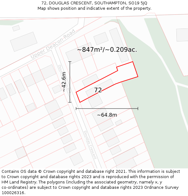 72, DOUGLAS CRESCENT, SOUTHAMPTON, SO19 5JQ: Plot and title map