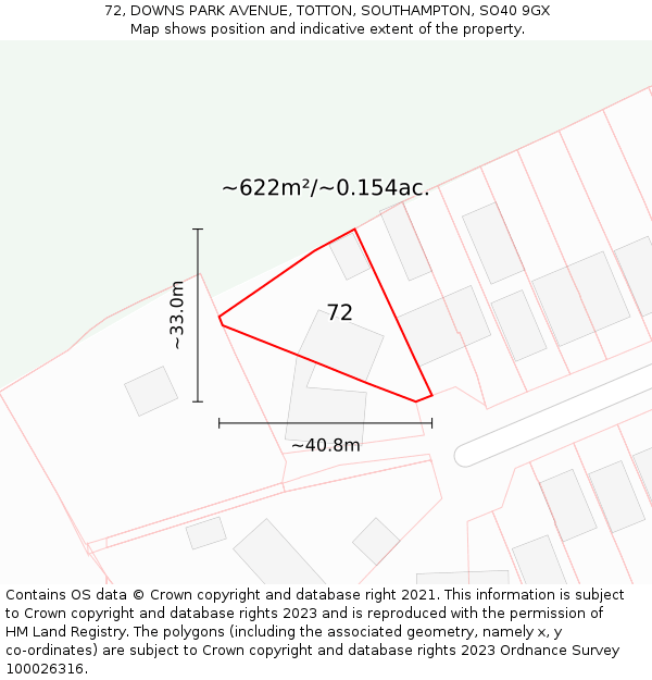 72, DOWNS PARK AVENUE, TOTTON, SOUTHAMPTON, SO40 9GX: Plot and title map