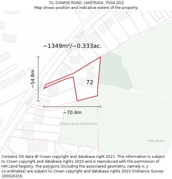 72, DOWNS ROAD, HASTINGS, TN34 2DZ: Plot and title map