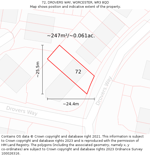 72, DROVERS WAY, WORCESTER, WR3 8QD: Plot and title map