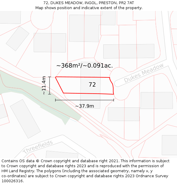 72, DUKES MEADOW, INGOL, PRESTON, PR2 7AT: Plot and title map