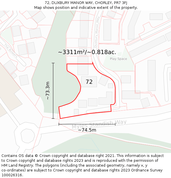 72, DUXBURY MANOR WAY, CHORLEY, PR7 3FJ: Plot and title map