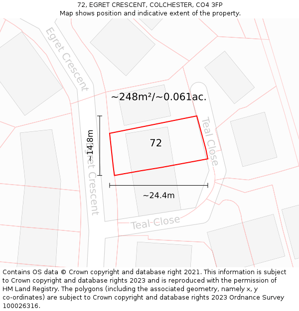 72, EGRET CRESCENT, COLCHESTER, CO4 3FP: Plot and title map