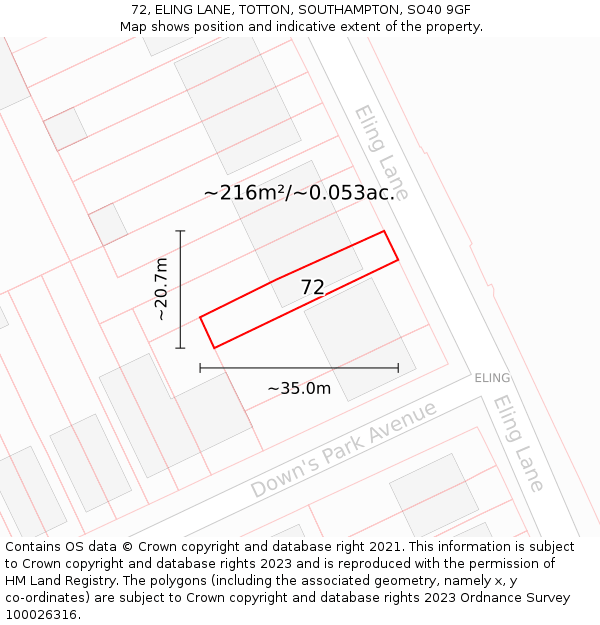 72, ELING LANE, TOTTON, SOUTHAMPTON, SO40 9GF: Plot and title map