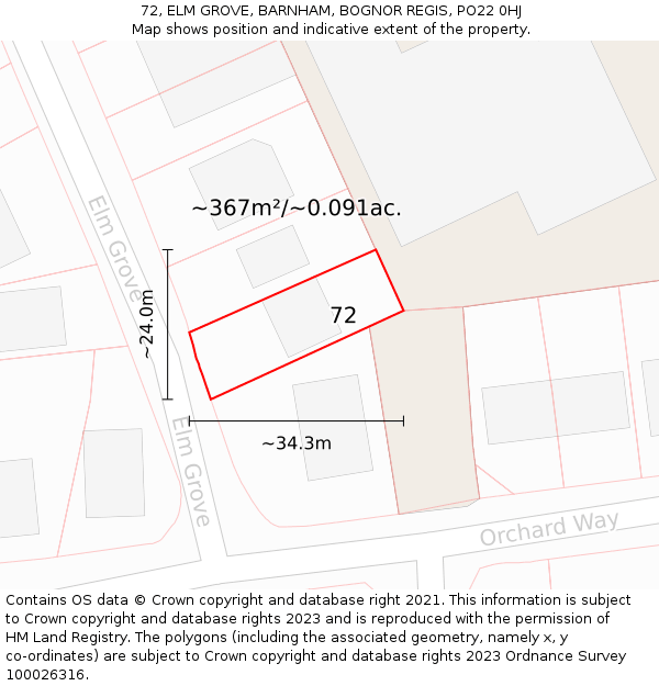 72, ELM GROVE, BARNHAM, BOGNOR REGIS, PO22 0HJ: Plot and title map