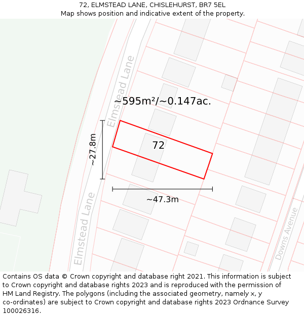 72, ELMSTEAD LANE, CHISLEHURST, BR7 5EL: Plot and title map