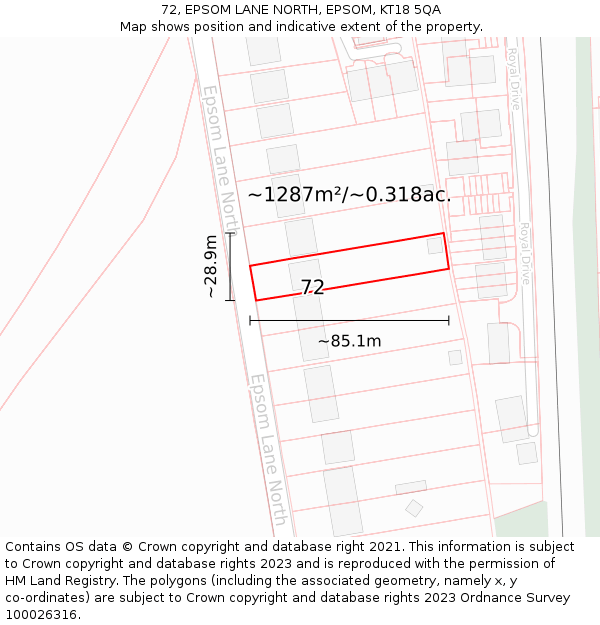 72, EPSOM LANE NORTH, EPSOM, KT18 5QA: Plot and title map