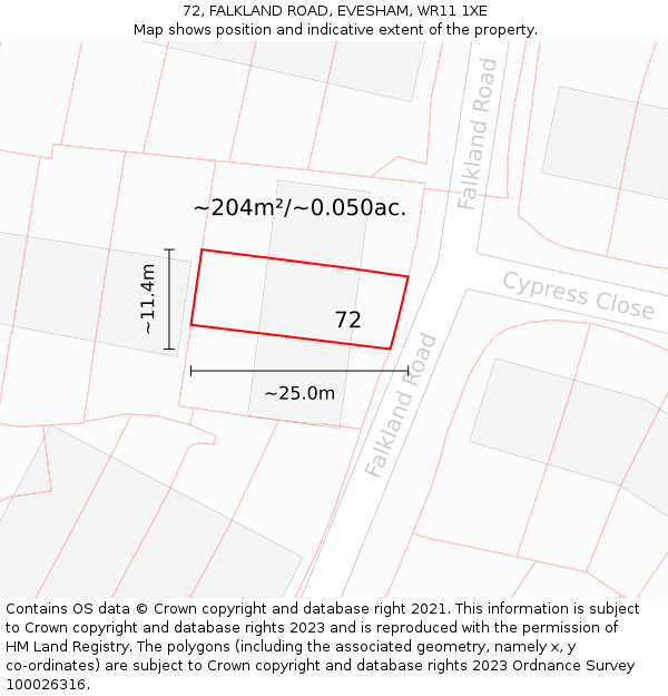 72, FALKLAND ROAD, EVESHAM, WR11 1XE: Plot and title map