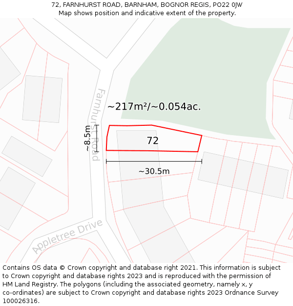 72, FARNHURST ROAD, BARNHAM, BOGNOR REGIS, PO22 0JW: Plot and title map