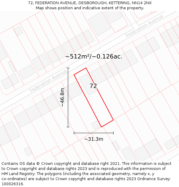 72, FEDERATION AVENUE, DESBOROUGH, KETTERING, NN14 2NX: Plot and title map