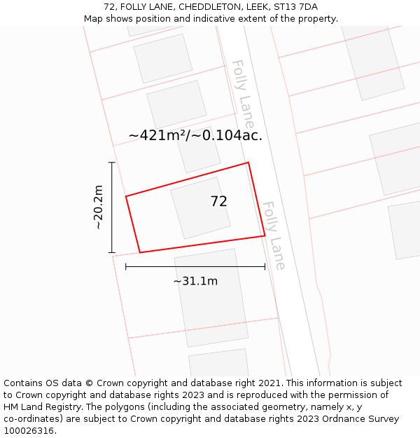 72, FOLLY LANE, CHEDDLETON, LEEK, ST13 7DA: Plot and title map