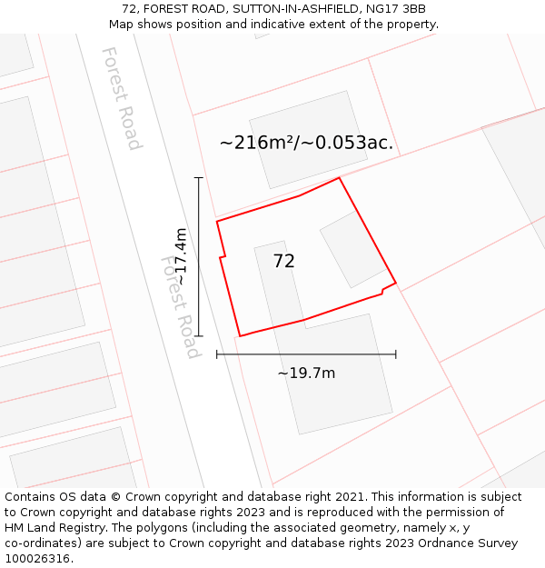 72, FOREST ROAD, SUTTON-IN-ASHFIELD, NG17 3BB: Plot and title map