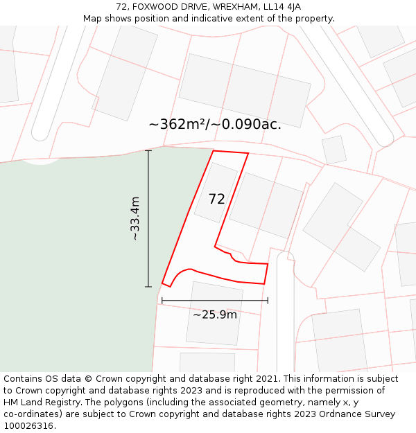 72, FOXWOOD DRIVE, WREXHAM, LL14 4JA: Plot and title map