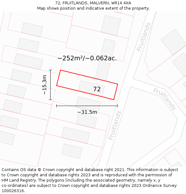 72, FRUITLANDS, MALVERN, WR14 4XA: Plot and title map