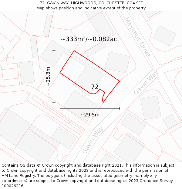 72, GAVIN WAY, HIGHWOODS, COLCHESTER, CO4 9FF: Plot and title map