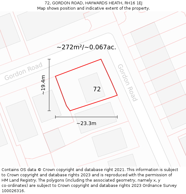 72, GORDON ROAD, HAYWARDS HEATH, RH16 1EJ: Plot and title map