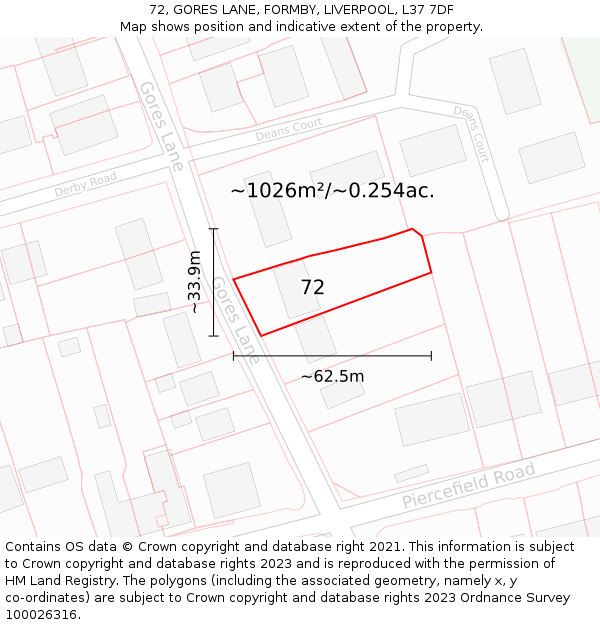 72, GORES LANE, FORMBY, LIVERPOOL, L37 7DF: Plot and title map