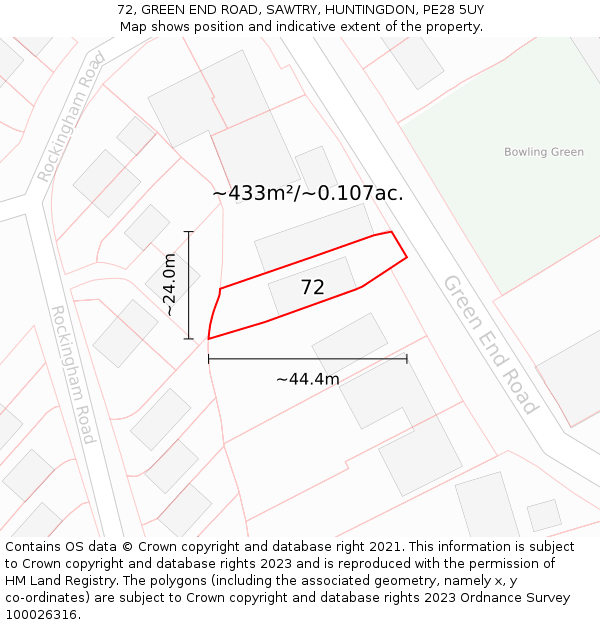 72, GREEN END ROAD, SAWTRY, HUNTINGDON, PE28 5UY: Plot and title map