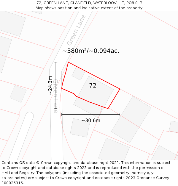 72, GREEN LANE, CLANFIELD, WATERLOOVILLE, PO8 0LB: Plot and title map