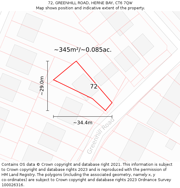 72, GREENHILL ROAD, HERNE BAY, CT6 7QW: Plot and title map