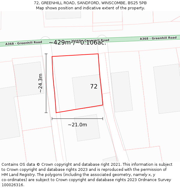 72, GREENHILL ROAD, SANDFORD, WINSCOMBE, BS25 5PB: Plot and title map