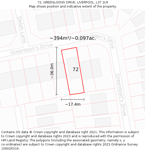 72, GREENLOONS DRIVE, LIVERPOOL, L37 2LR: Plot and title map