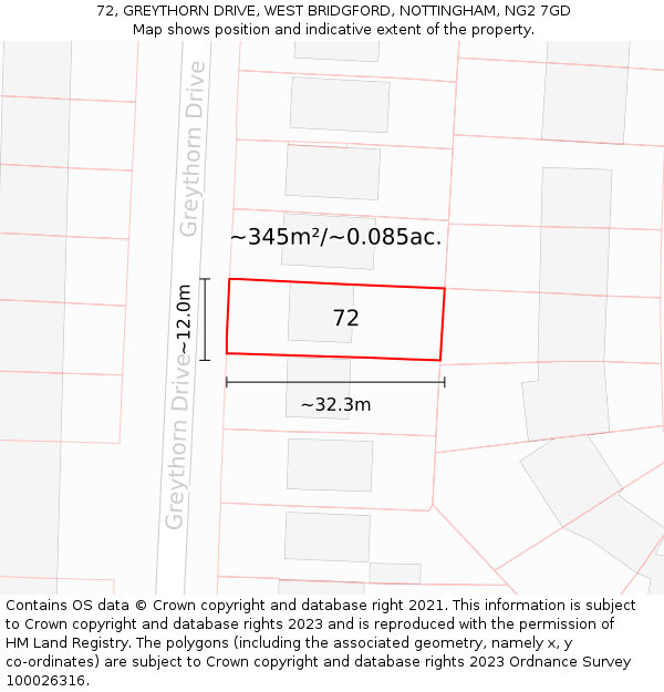 72, GREYTHORN DRIVE, WEST BRIDGFORD, NOTTINGHAM, NG2 7GD: Plot and title map