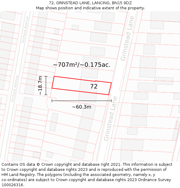 72, GRINSTEAD LANE, LANCING, BN15 9DZ: Plot and title map