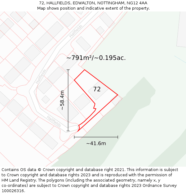 72, HALLFIELDS, EDWALTON, NOTTINGHAM, NG12 4AA: Plot and title map