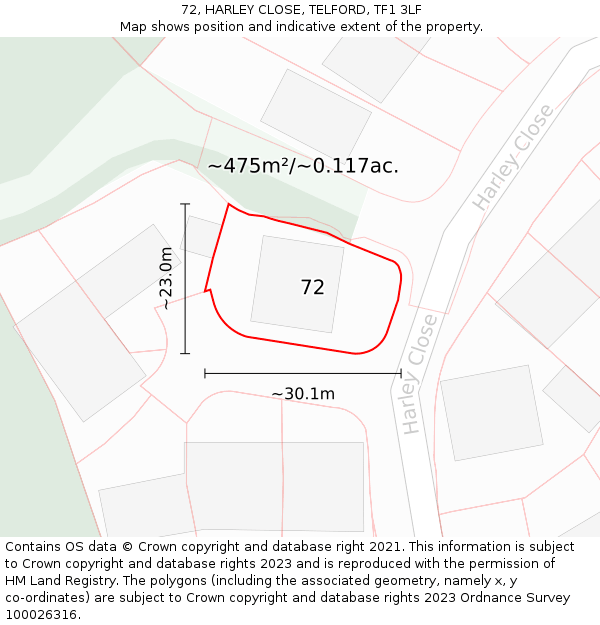 72, HARLEY CLOSE, TELFORD, TF1 3LF: Plot and title map