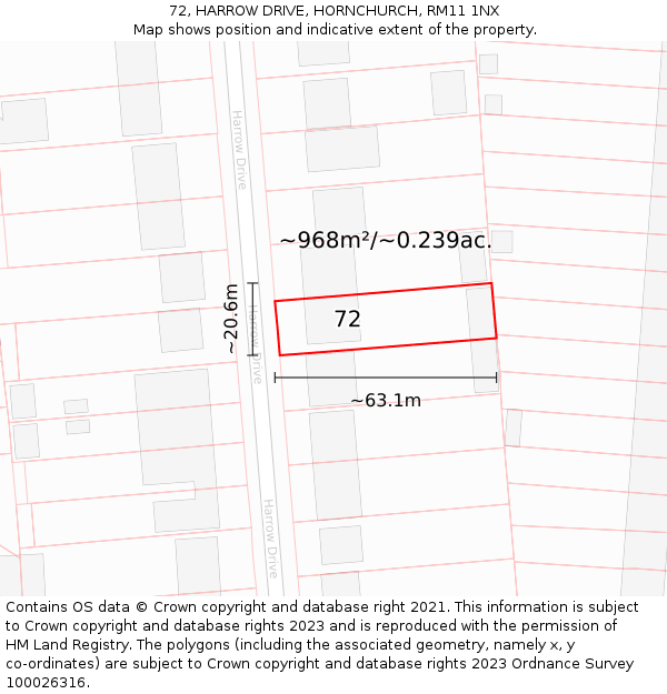 72, HARROW DRIVE, HORNCHURCH, RM11 1NX: Plot and title map