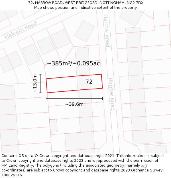 72, HARROW ROAD, WEST BRIDGFORD, NOTTINGHAM, NG2 7DX: Plot and title map